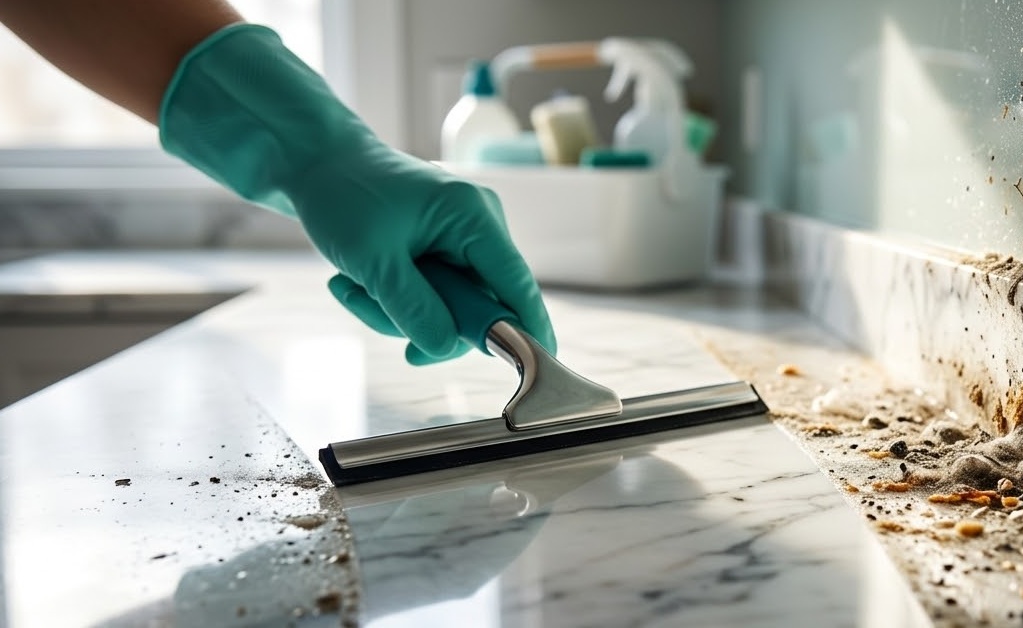 cleaning a kitchen countertop